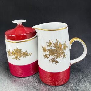 Lichte Fine China Germany Creamer and Sugar Bowl Set Red Gold Floral Vintage